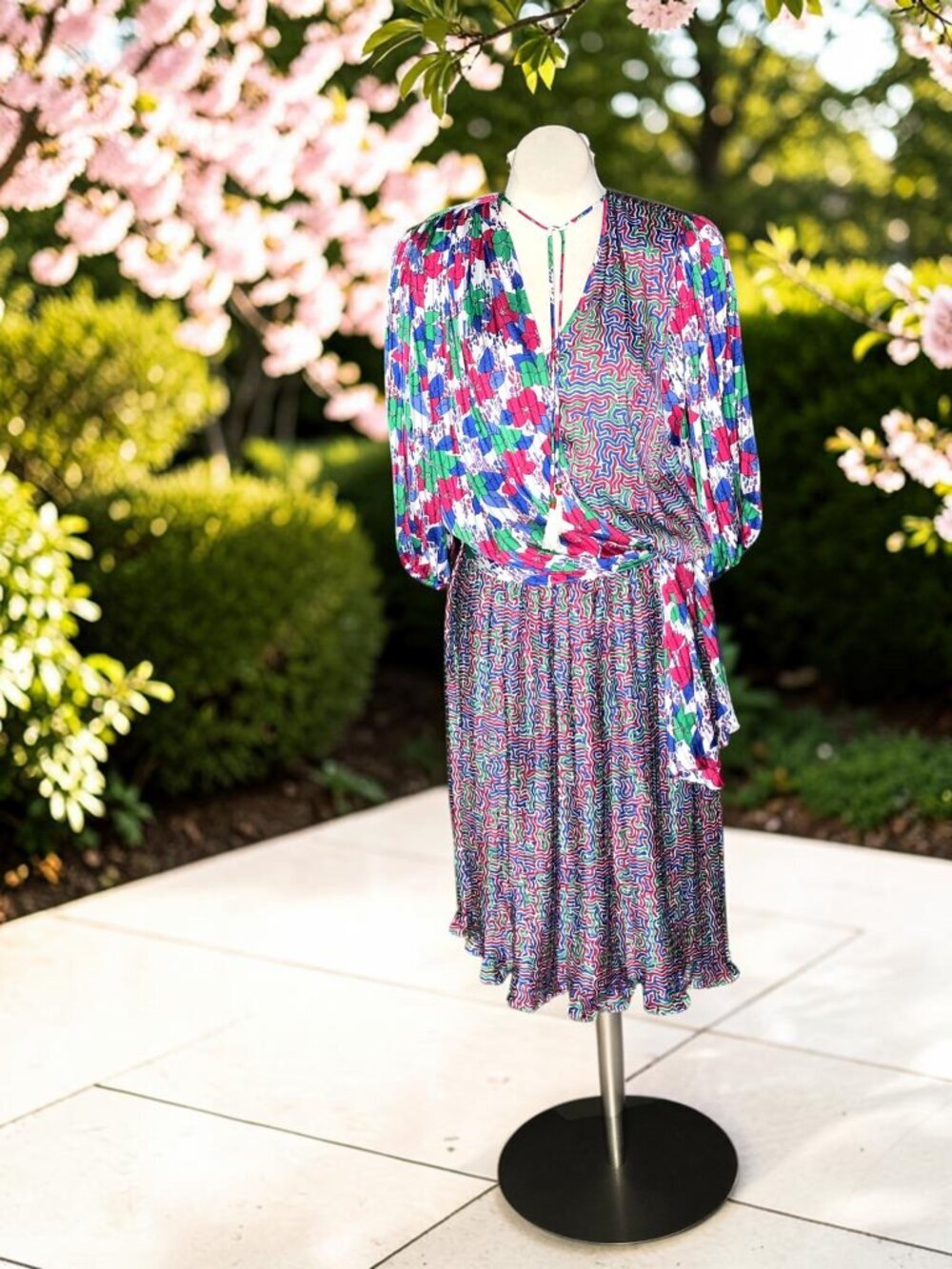 Diane Freis Vintage 80s Colorful Accordion Pleated Blouson Dress